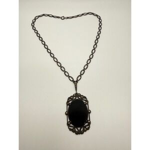 Antique Art Deco Sterling Silver Black Onyx Marcasite Pendant Necklace CW 18.5in